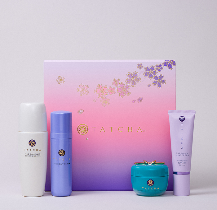 A selection of 4 Tatcha products with a gift box