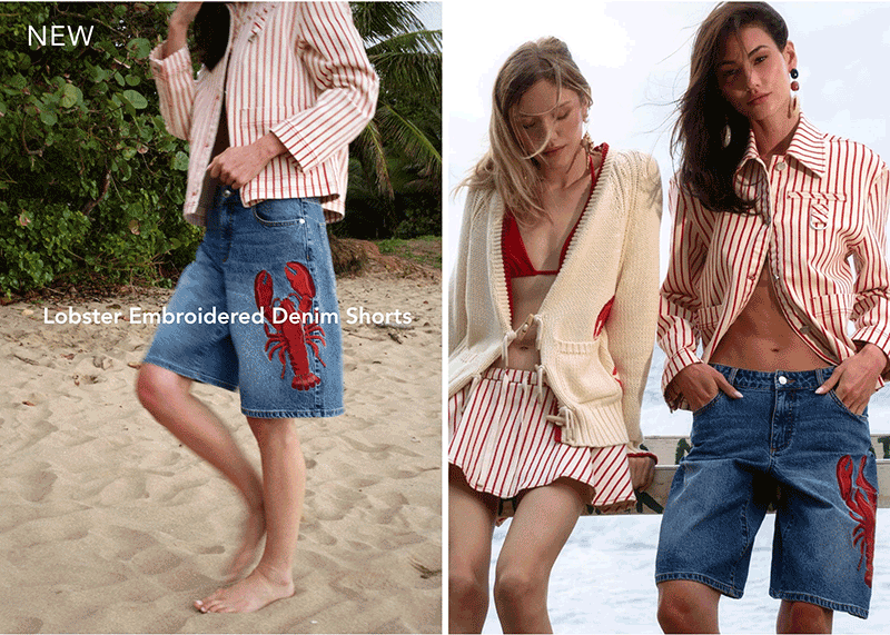 Lobster Embroidered Stretch Denim Shorts