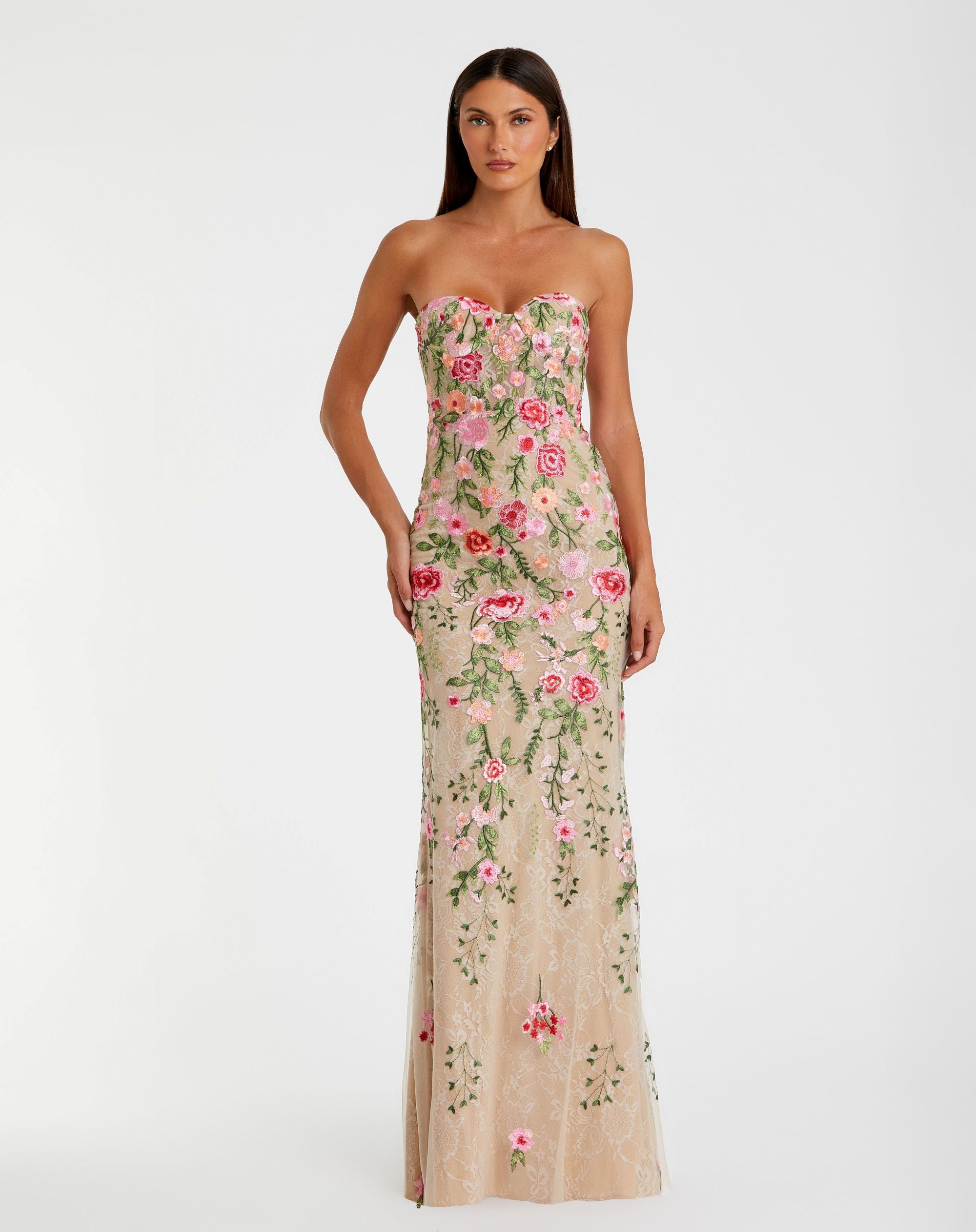 Image of Beige Floral Embroidered Strapless Bustier Gown