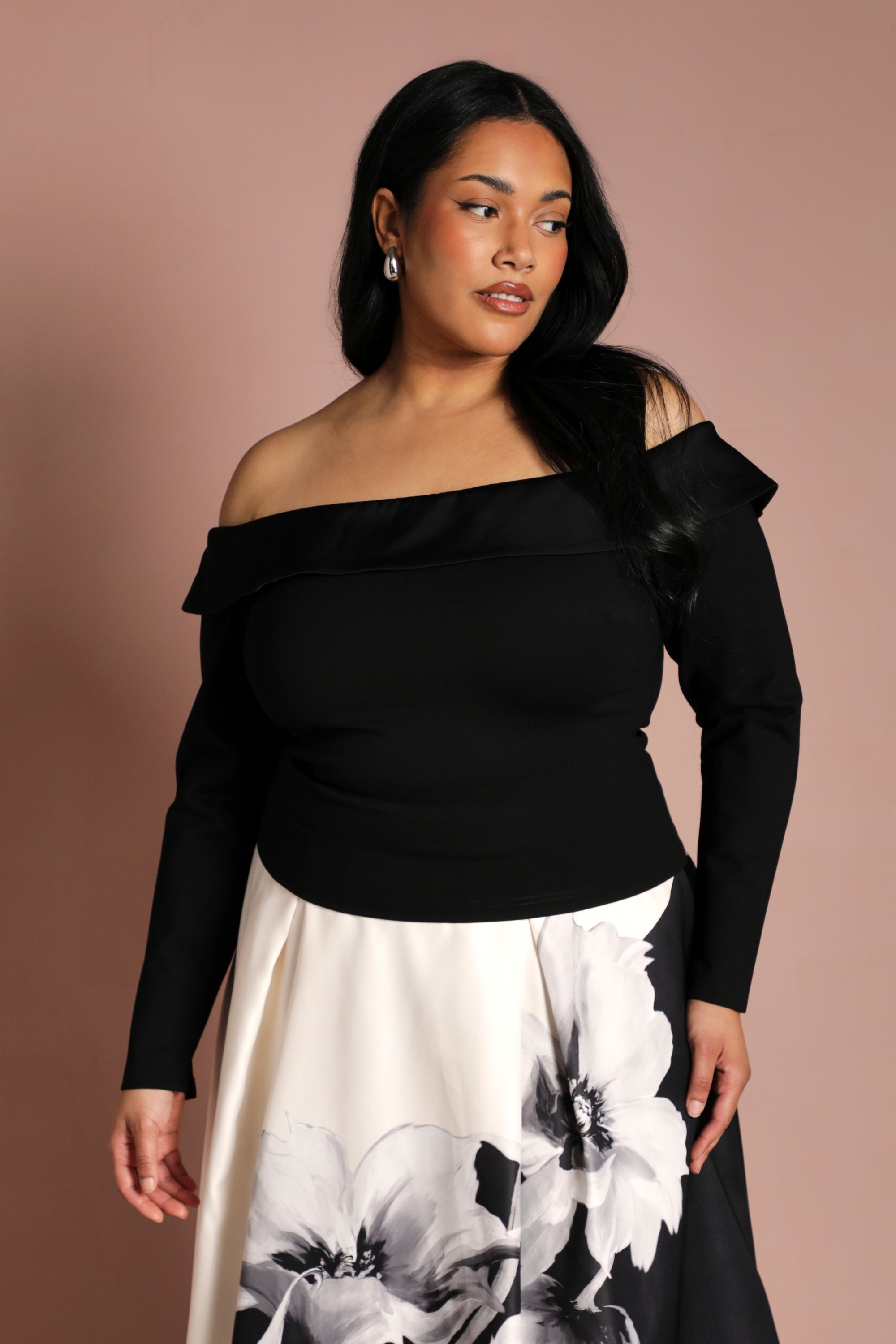 Plus Long Sleeve Satin Bardot Top