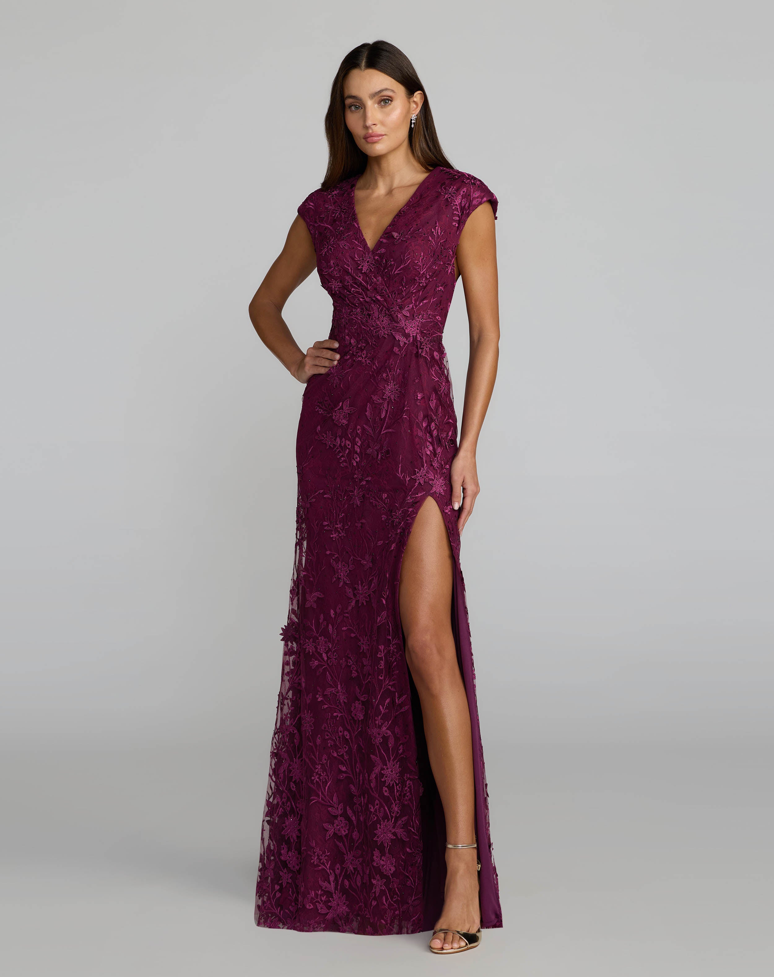 Image of Purple Faux Wrap Embroidered Cap Sleeve Gown