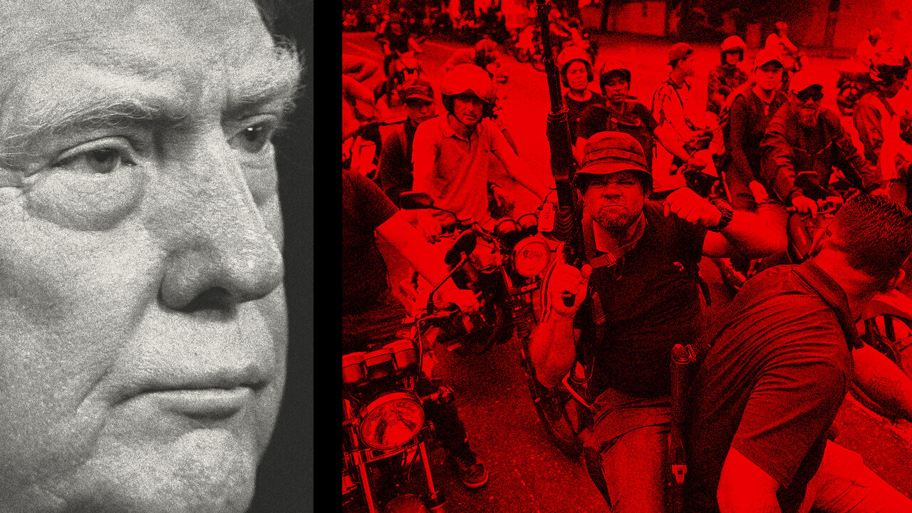 A photo pairing featuring a portrait of Donald Trump and a caravan of armed men on motorcycles in Venezuela   