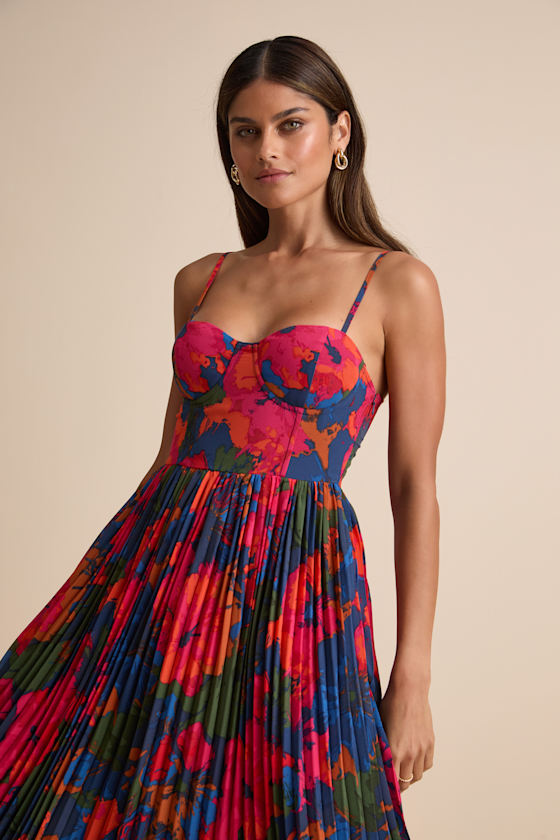Image of Dorothy Dark Blue Multi Floral Print Pleated Midi Dress