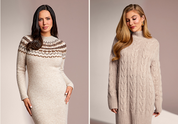 image of a model in a sweater dress with a winter pattern and high round neckline