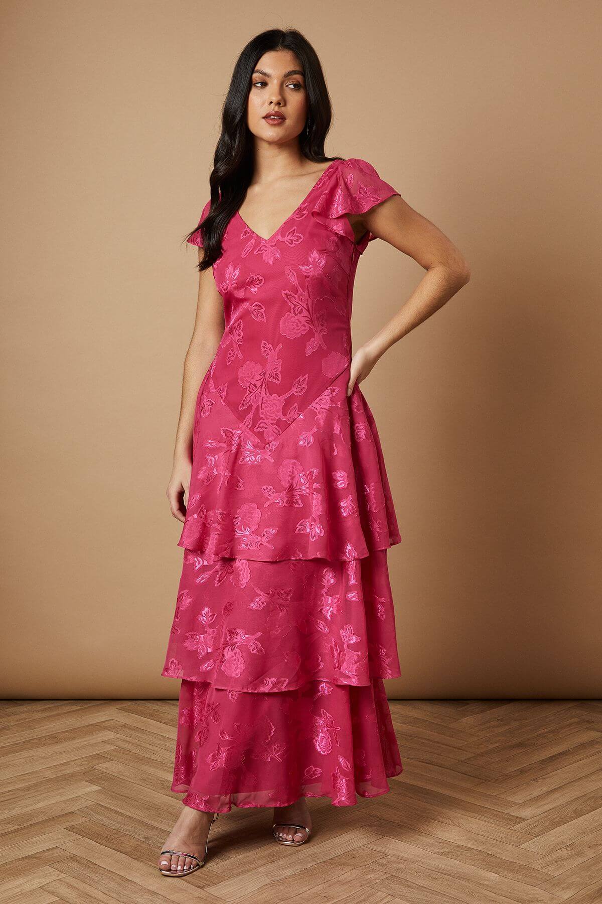 Plain Jacquard Chiffon Ruffle Pleated Maxi Dress