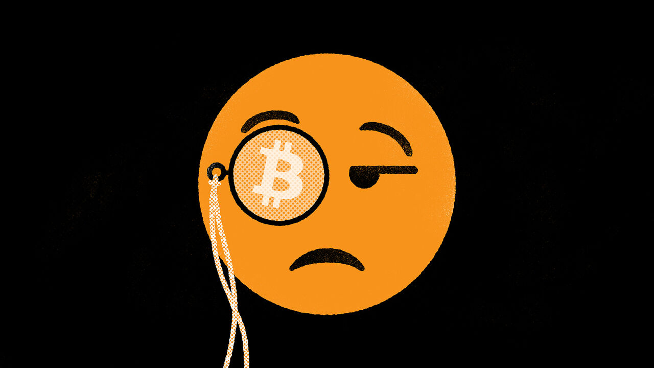 Illustration of an unimpressed emoji face with a Bitcoin monocle.