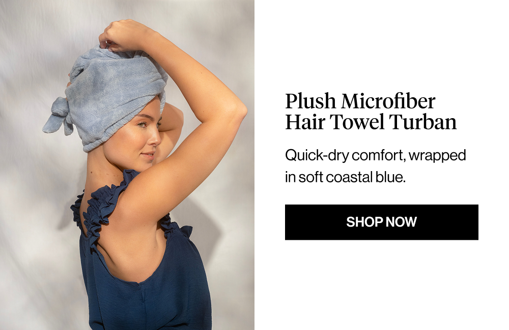 Plush Microfiber Hair Towel Turban. Quick-dry comfort, wrapped in soft coastal blue.