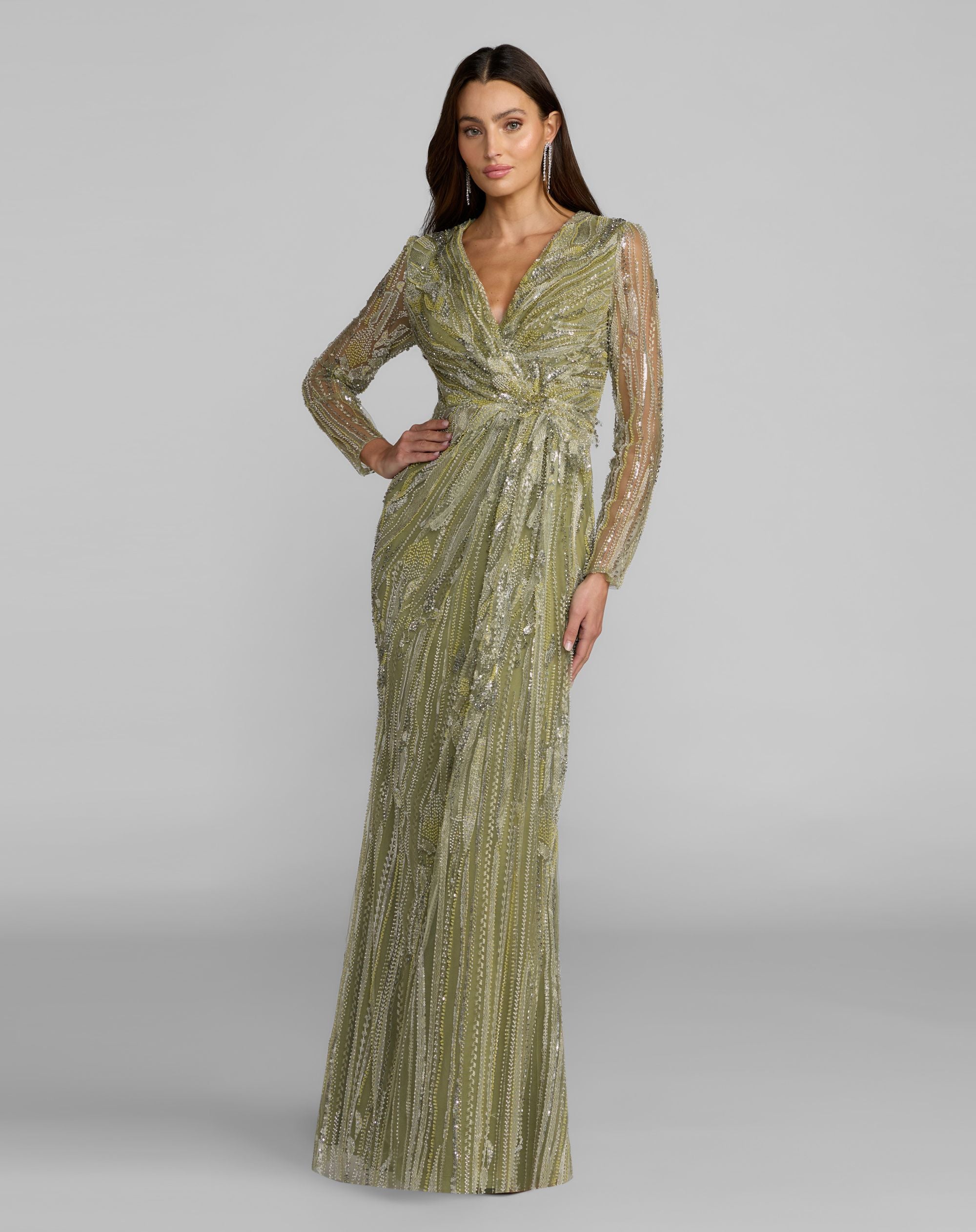 Image of Green Hand Embellished V-Neck Column Gown