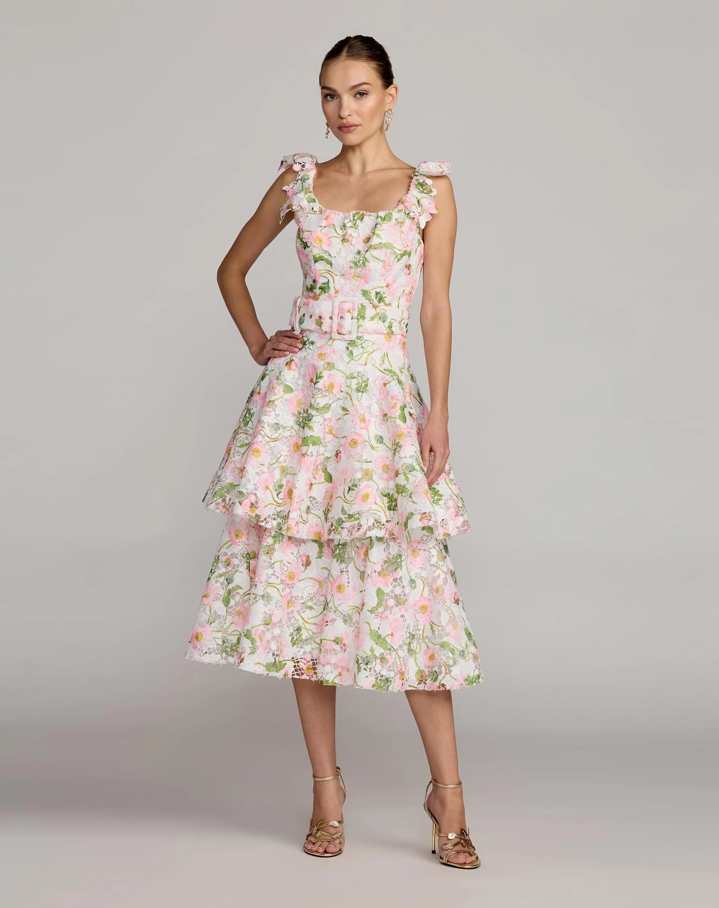 Image of White Multicolor Floral Lace Tiered Midi Dress