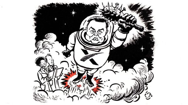 Cartoon of Elon Musk dressed as an astronaut, floating through space holding a spiked club, while two people watch below