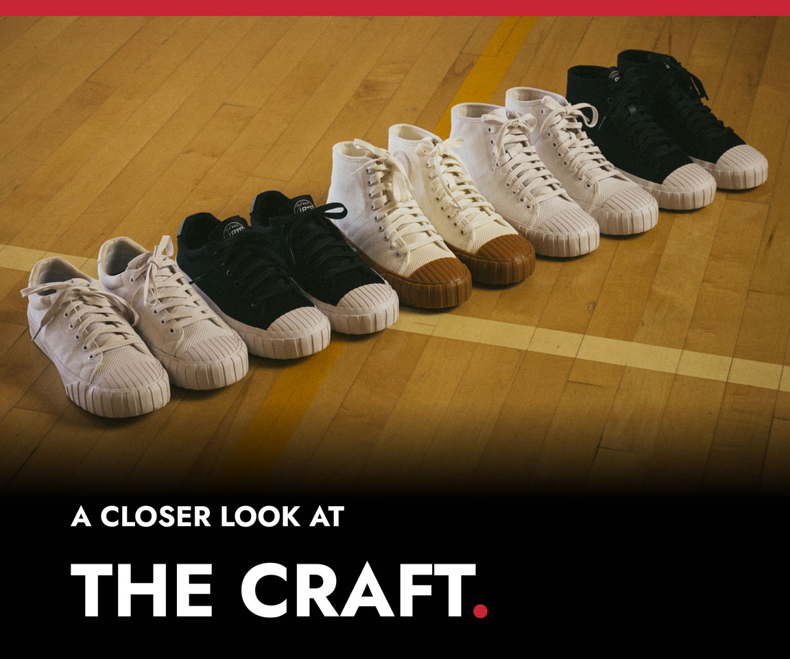 A row of Red Ball Jets sneakers lined up neatly on a wooden gym floor. Text at the bottom reads, “A CLOSER LOOK AT THE CRAFT.”