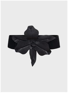 Black Wide Leather Belt With an Oversized Flower
