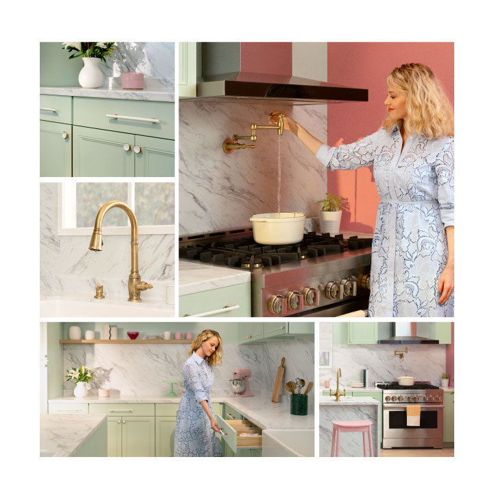 Traditional Pot Filler, Finnian Kitchen Faucet, Isabel Bar Faucet, Anberlin Hardware Collection in Aged Brass