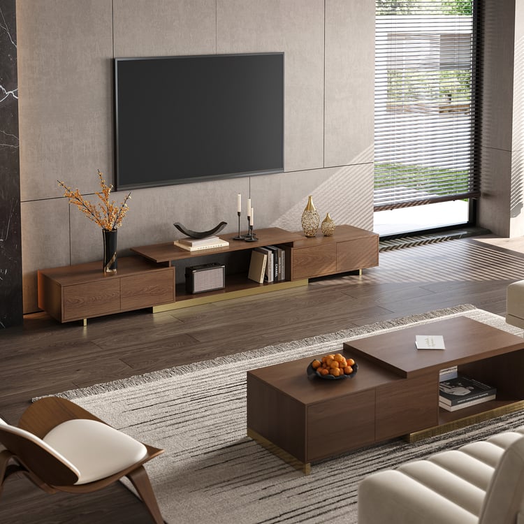 Mordel Glossy Walnut Extendable TV Stand & Coffee Table Set