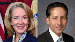 The chair and vice chair of Rutgers Board of Governors are shown: Amy Towers on the left and Jose Piazza