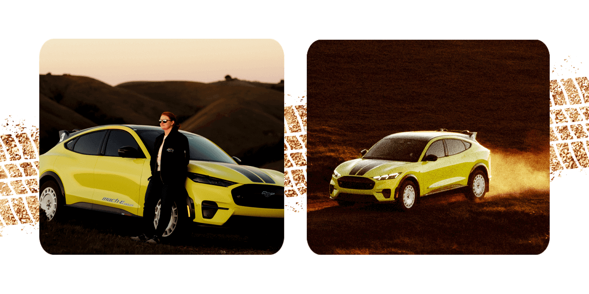 Two photos on top of muddy tire track graphic; one with a woman standing by a Mustang Mach‑E&reg; Rally SUV and one of a Mustang Mach‑E Rally SUV leaving behind dust while driving off‑road