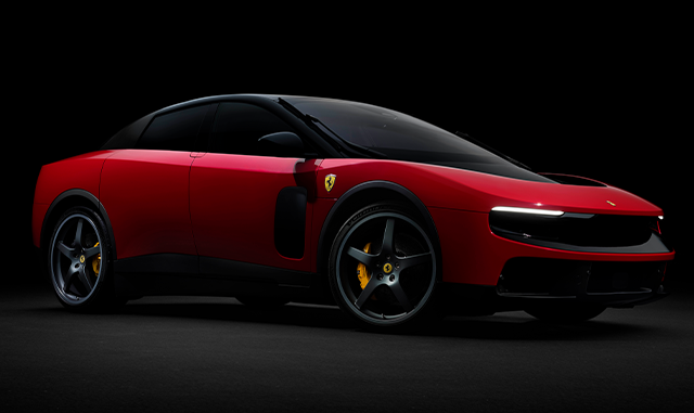 The brand-new Ferrari Luce in a deep red, parked against a dark faded background linking to a car news article on Top Gear's website.