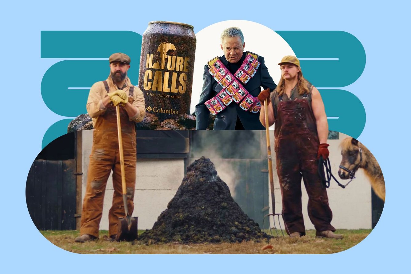 Photo collage featuring Super Bowl ads that reference poop, including Jason Kelce standing with a shovel near a steaming mound of manure, William Shatner wearing a bandolier made of mini Raisin Bran boxes, and a can of beer from Columbia Sportswear made with bear poop