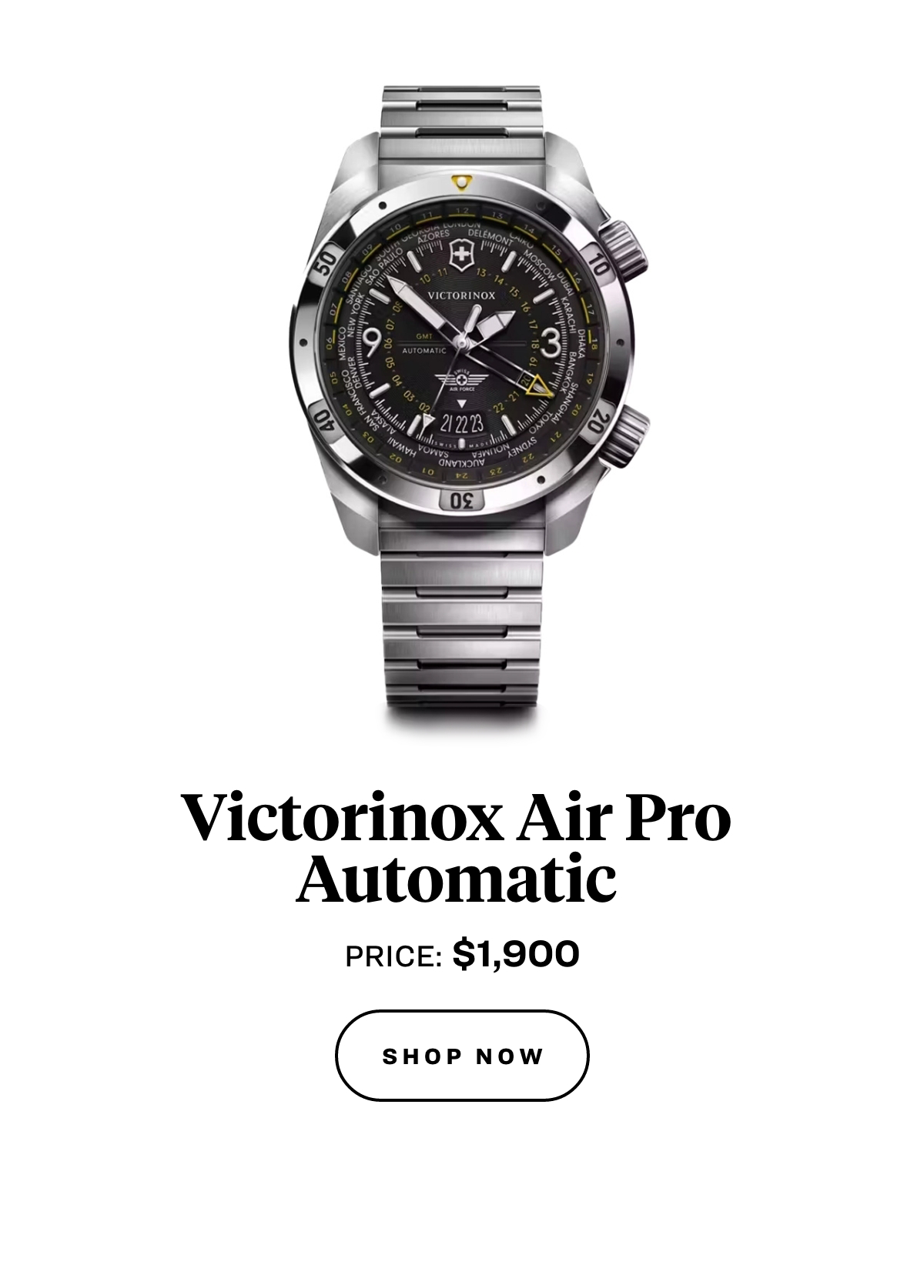 A photo of the watch on a white background with a link to "shop now" and displaying a price of $1,900.