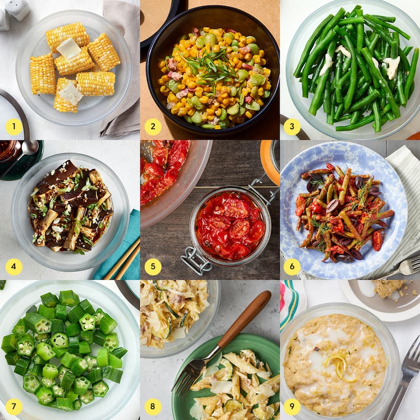 A 3x3 grid of summer vegetable recipes made in Anyday microwave-safe glass dishes, featuring corn on the cob with butter, succotash with lima beans and corn, steamed green beans, eggplant with chili crunch, confit cherry tomatoes in a jar, tomato-stewed green beans, steamed okra, zucchini pasta, and lemon-drizzled oatmeal.
