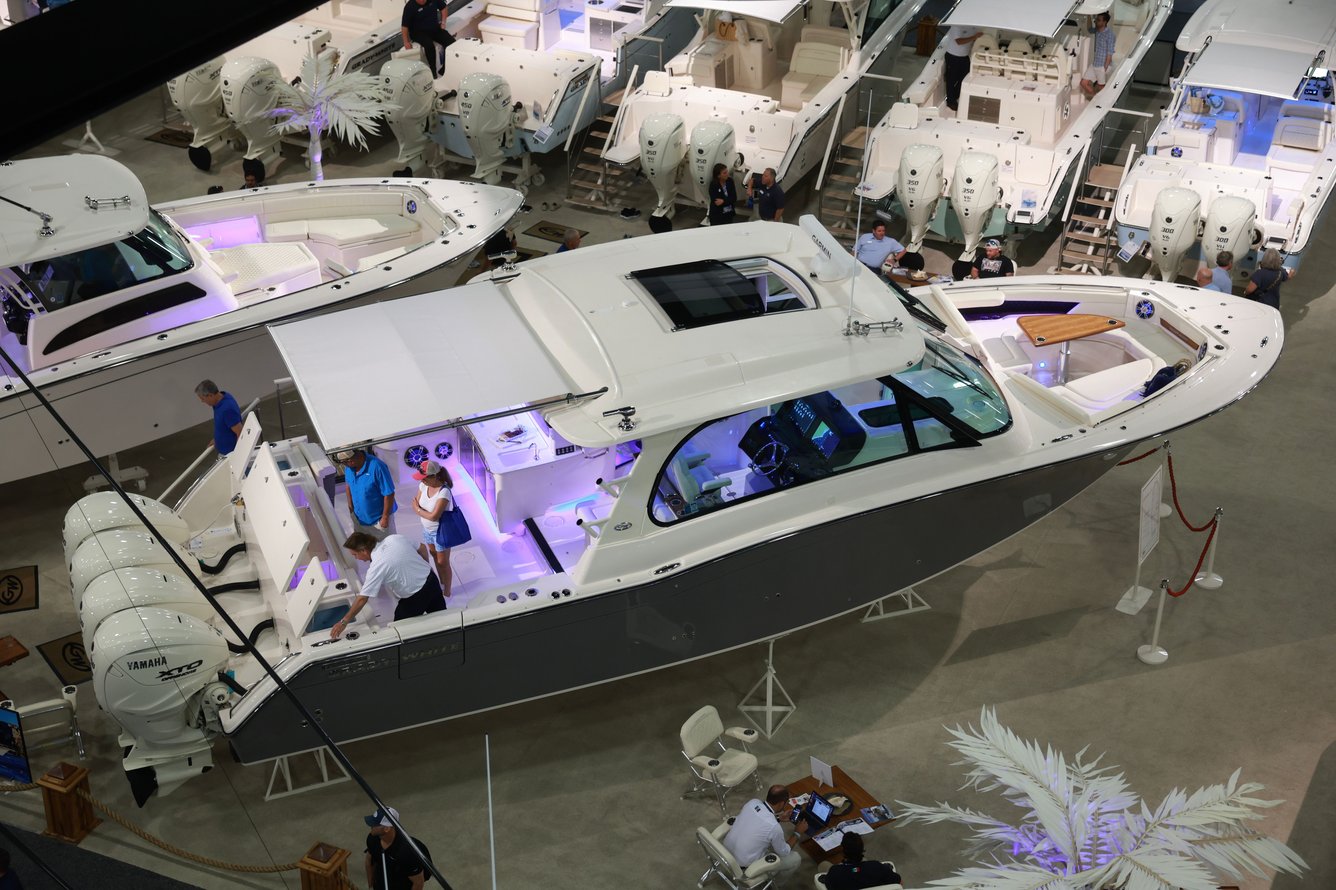 A Grady-White boat at a boat show in 2024 
