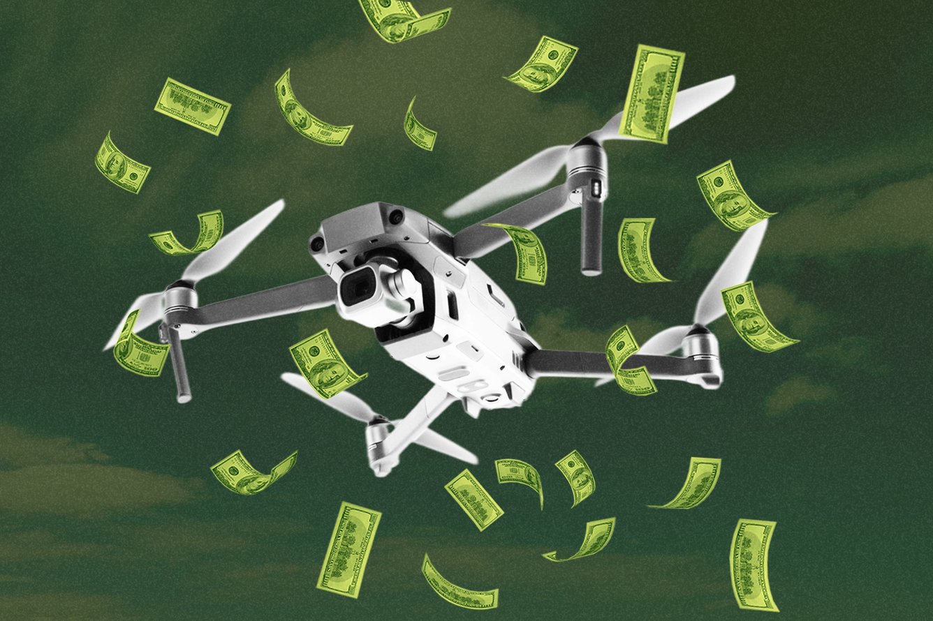 A drone flying against a cloudy sky surrounding by falling hundred-dollar bills