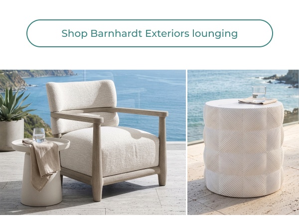 A split view showcases a cream-colored upholstered outdoor lounge chair with a light wood frame on the left, and a white, textured cylindrical side table with geometric patterns on the right, both set against an ocean backdrop. Image Text: Shop Barnhardt Exteriors lounging