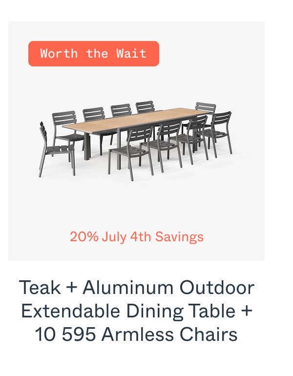 Teak + Aluminum Outdoor Extendable Dining Table + 10 595 Armless Chairs