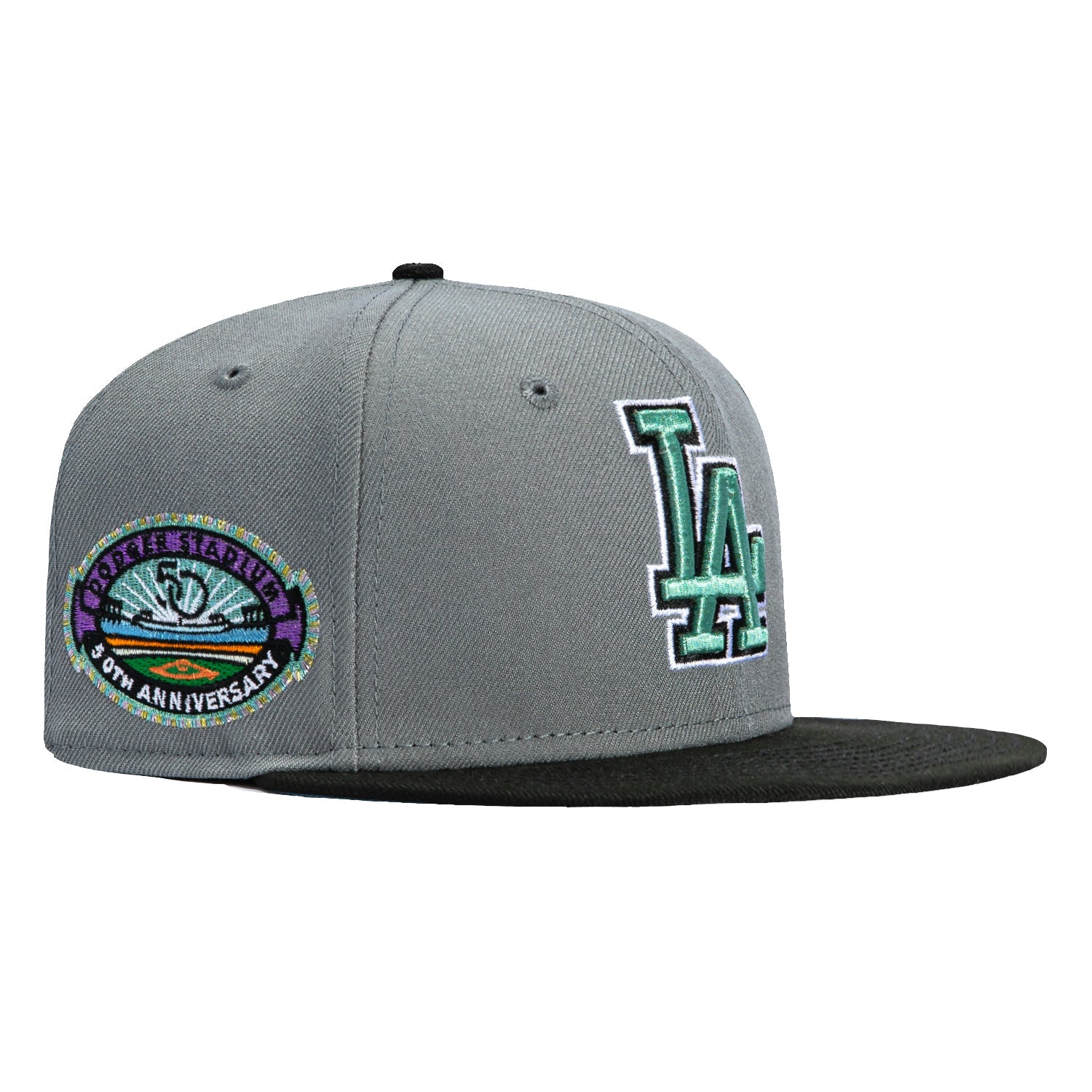 Image of New Era 59Fifty Marine Metallics Los Angeles Dodgers 50th Anniversary Stadium Patch Hat - Storm Grey, Black