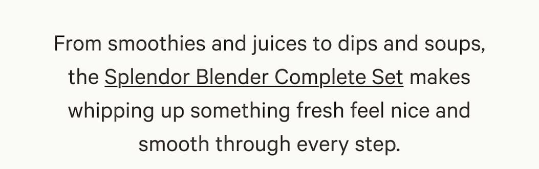 From smoothies and juices to dips and soups, the Splendor Blender Complete Set makes whipping up something fresh feel nice and smooth through every step.