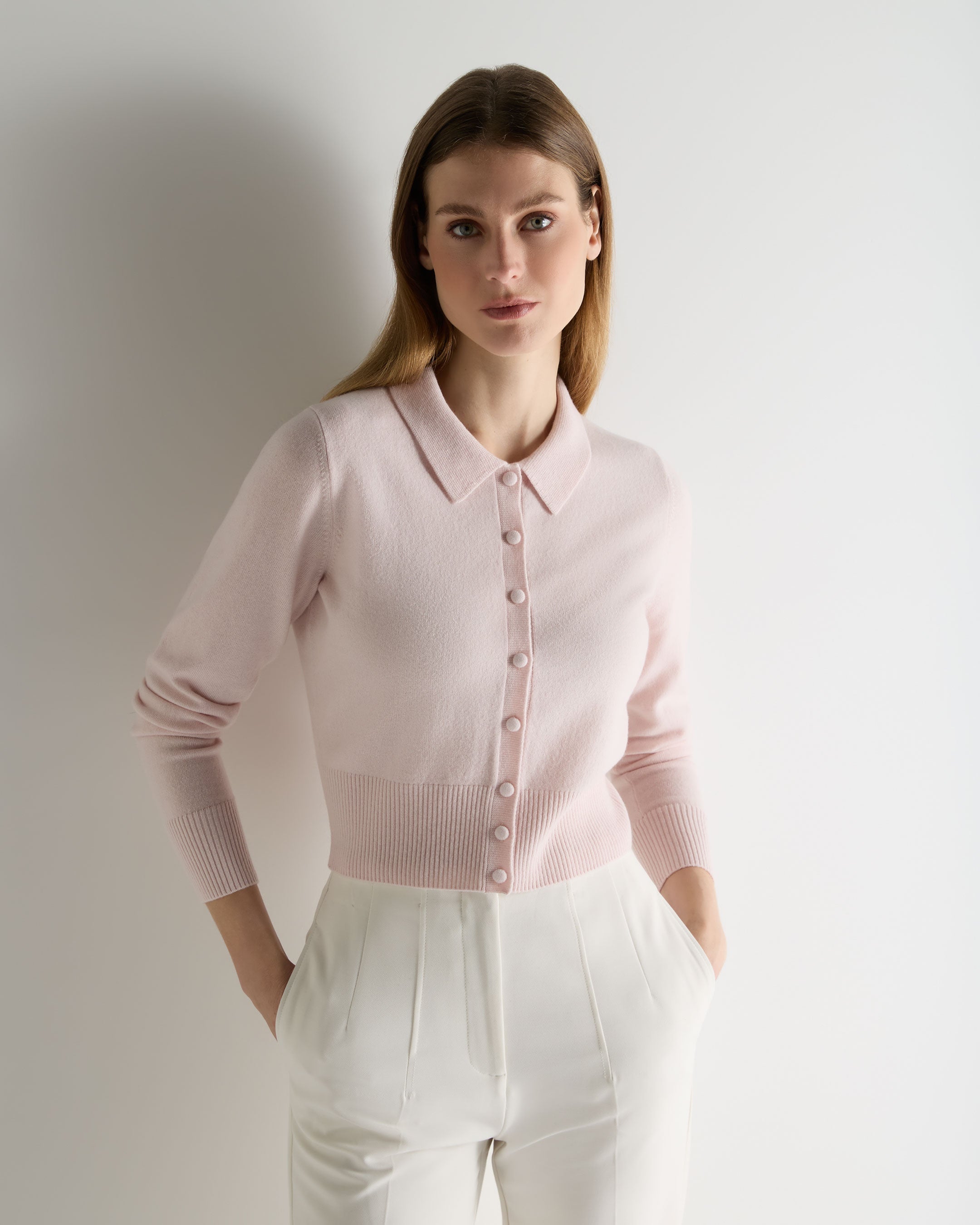 Image of Women's Thea Collared Cashmere Cardigan Powder Pink