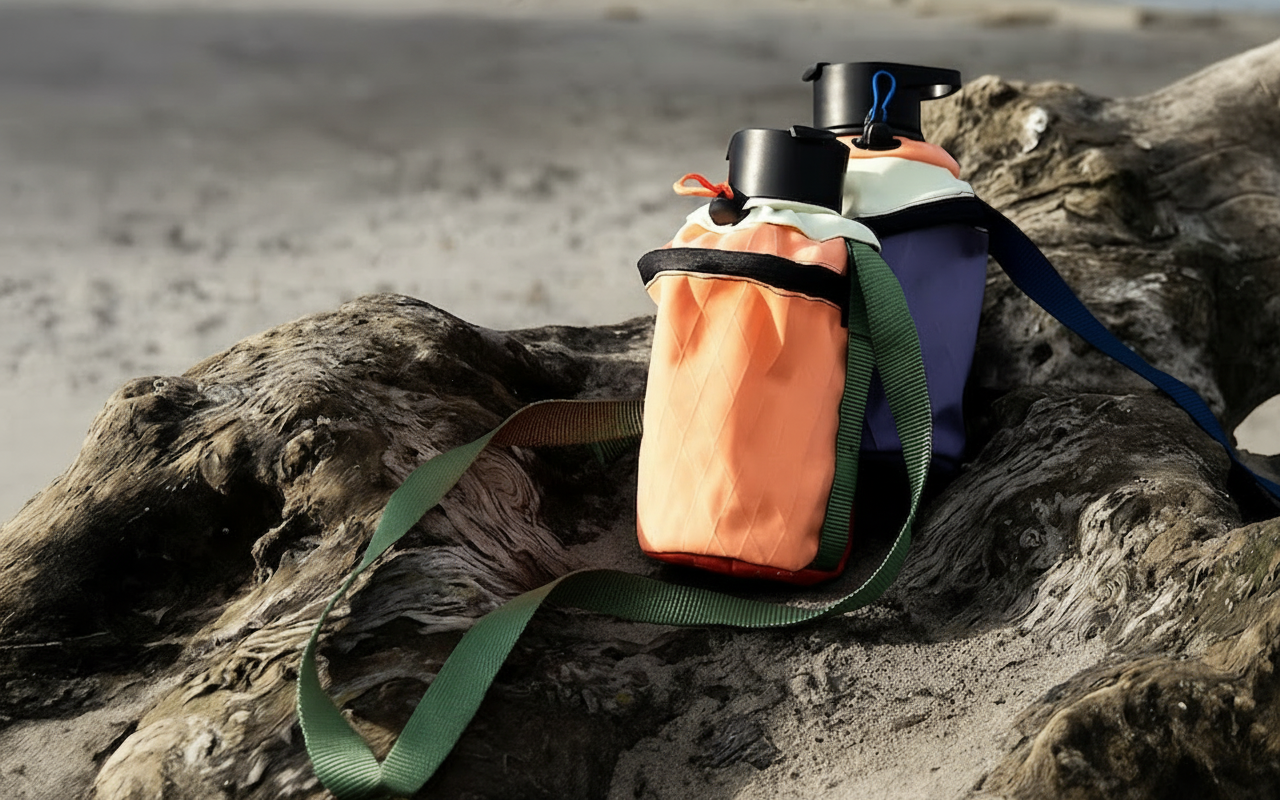 Pre-release Westward X-Pac bottle slings with 32oz bottles on driftwood at the beach