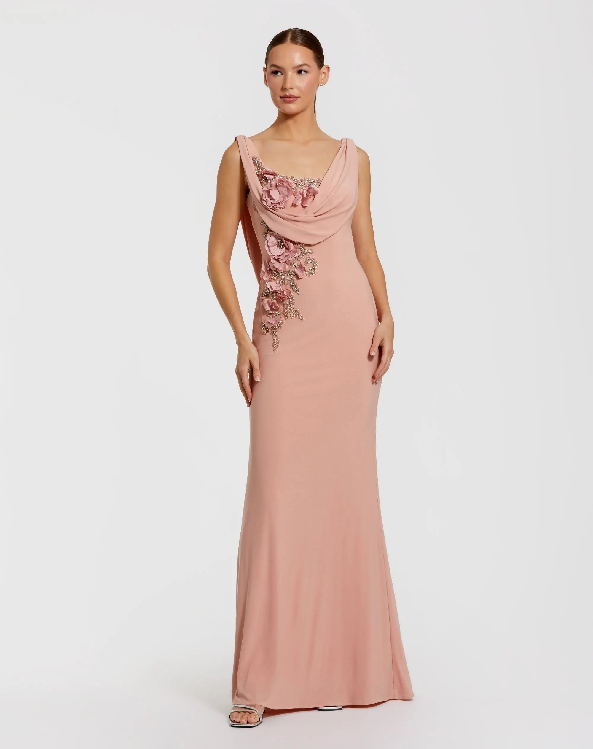Image of Pink Sleeveless Jersey Cowl Neck Gown With Beading
