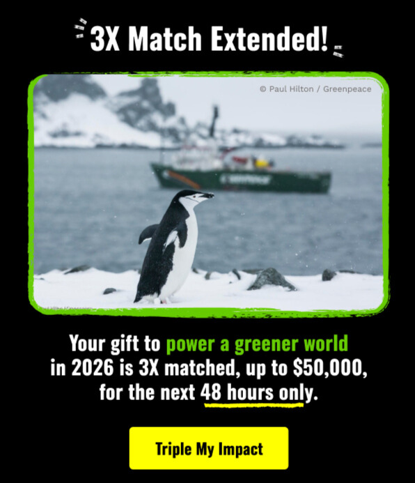 A penguin standing on snowy ground in Antarctica with a Greenpeace ship in the background. © Paul Hilton / Greenpeace. Text says '3X Match Extended!' and the bottom text says 'Your gift to power a greener world in 2026 is 3X matched, up to $50,000, for the next 48 hours only.' with a yellow button labeled 'Triple My Impact.'
