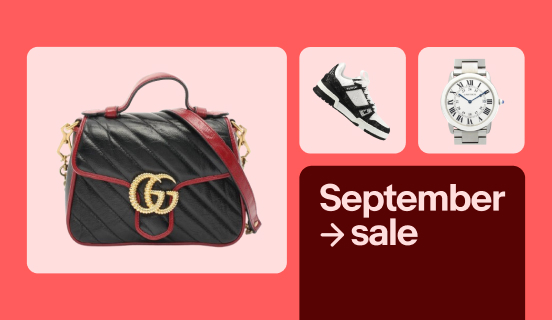 A Gucci GG Marmont mini top handle tote, a Louis Vuitton LV sneaker, and a Cartier Ronde Solo watch sit on pink tiles against a coral background. Text reading 'September sale,' sits on a separate maroon tile.