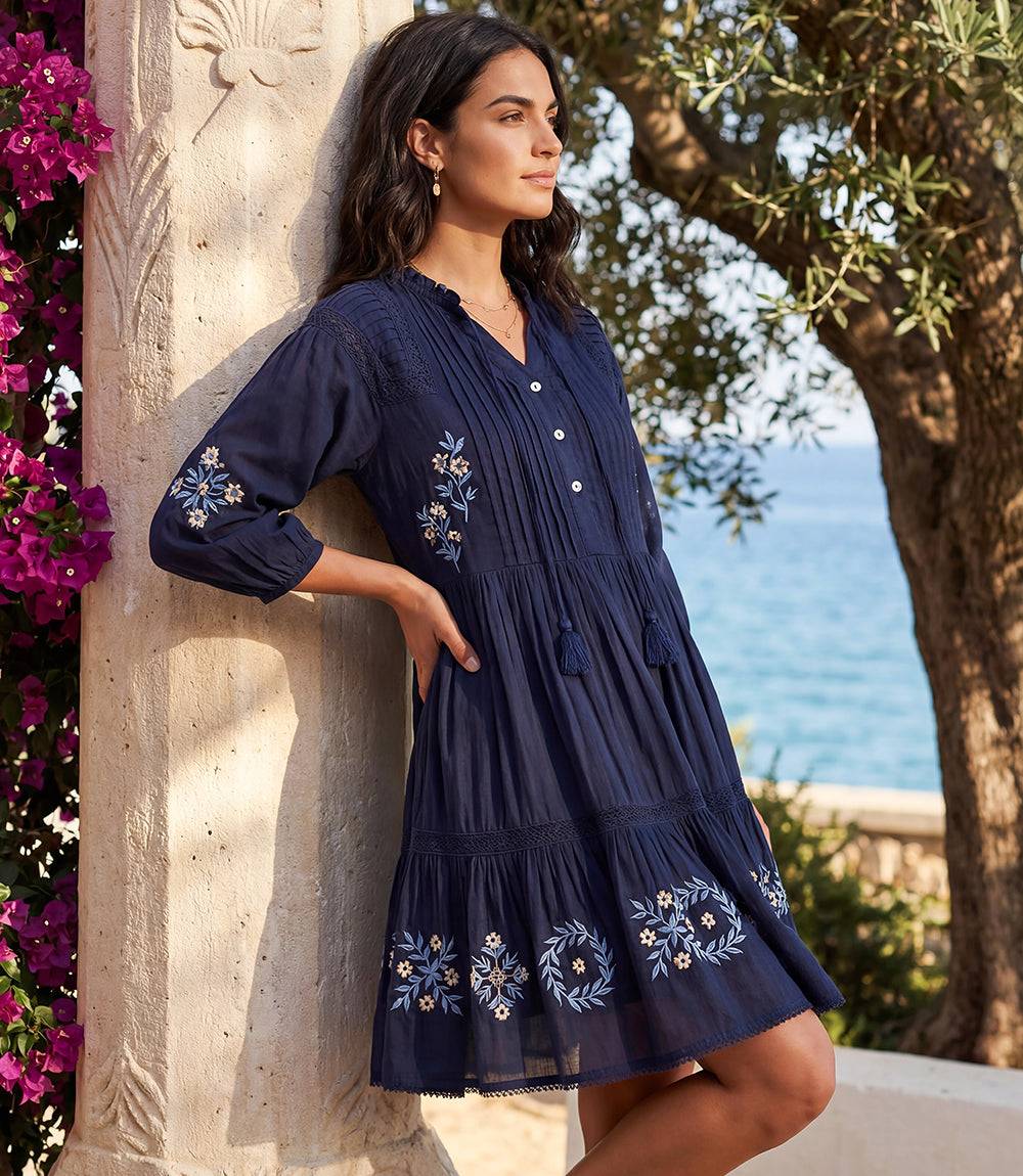 Image of Blouson Sleeve Embroidered Lace Trim Tiered Dress
