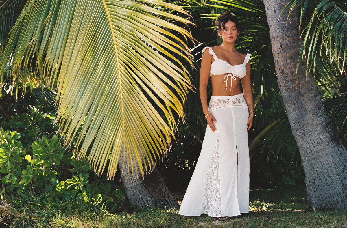 Ruched bralette and Lace Insert Maxi Skirt in cream.