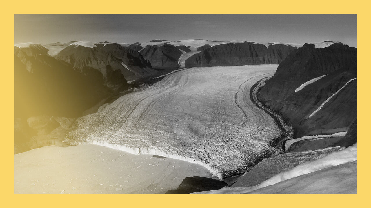 A photograph of a glacier in Northeastern Greenland taken by the British Antarctic Survey as part of the KANG-GLAC project