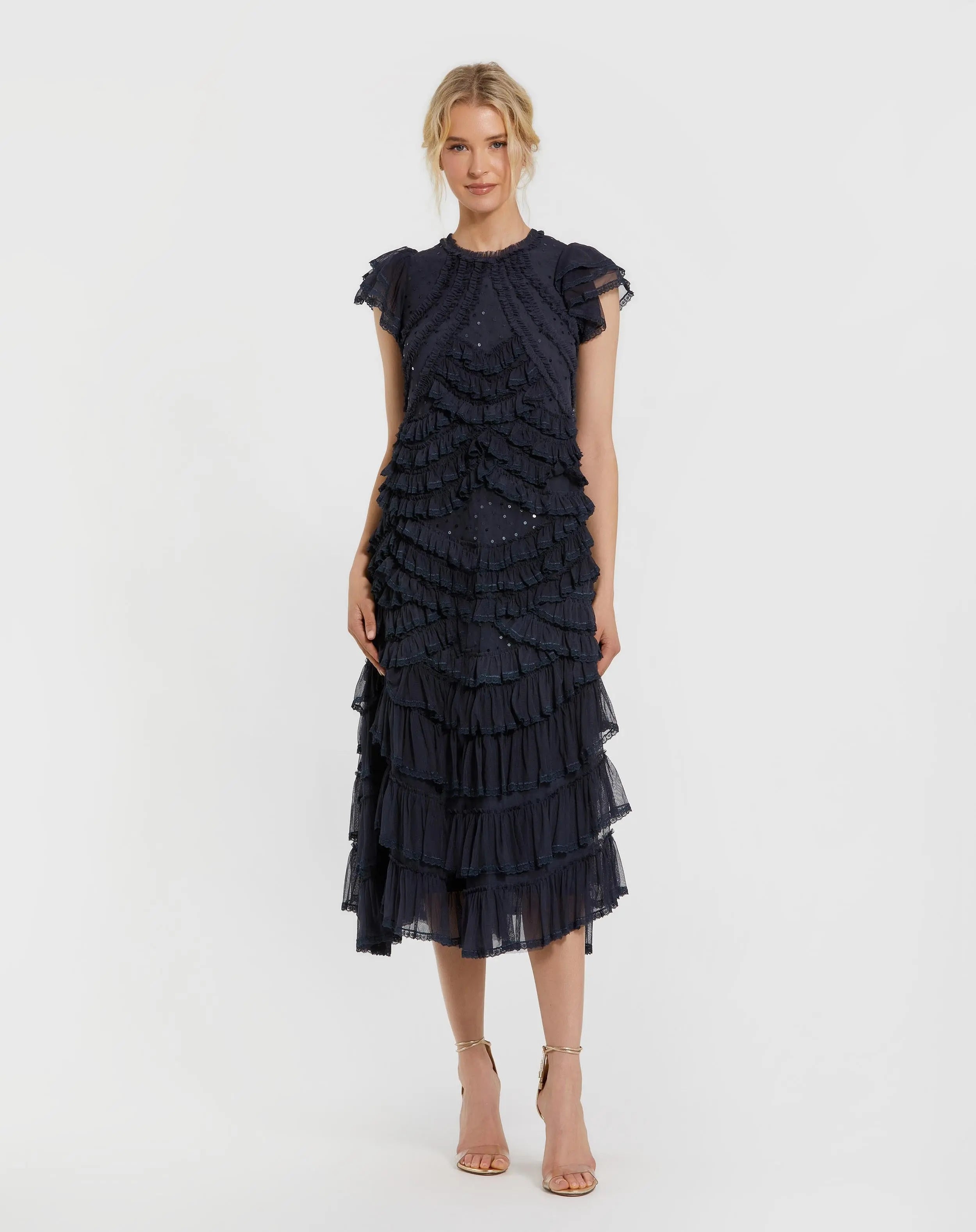 Image of Navy High Neck Cap Sleeve Micro Ruffle Midi Dress