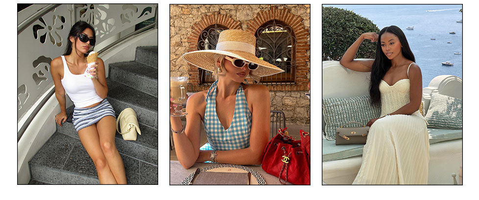 Three women in chic summer fashion: casual striped skirt, resort gingham top with straw hat, and elegant cream dress. Discover new vacation styles.