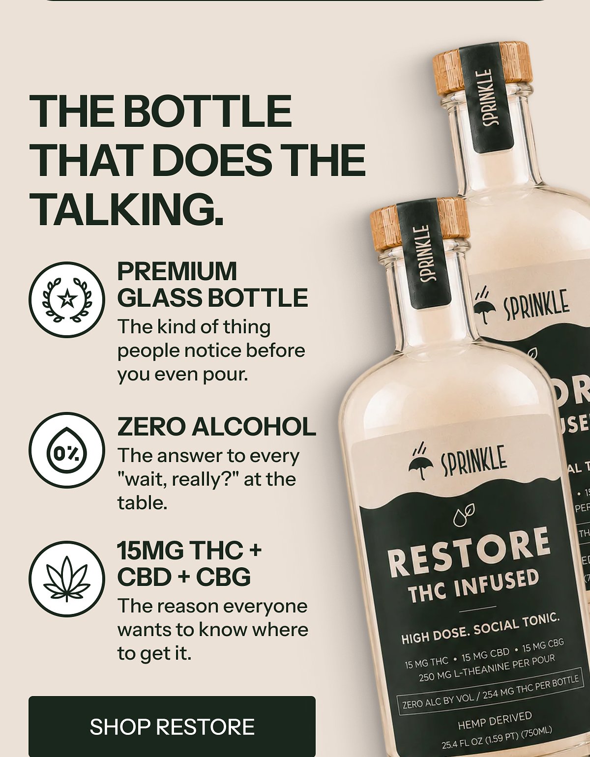 The bottle with text about its features and benefits, including THC and CBD content.