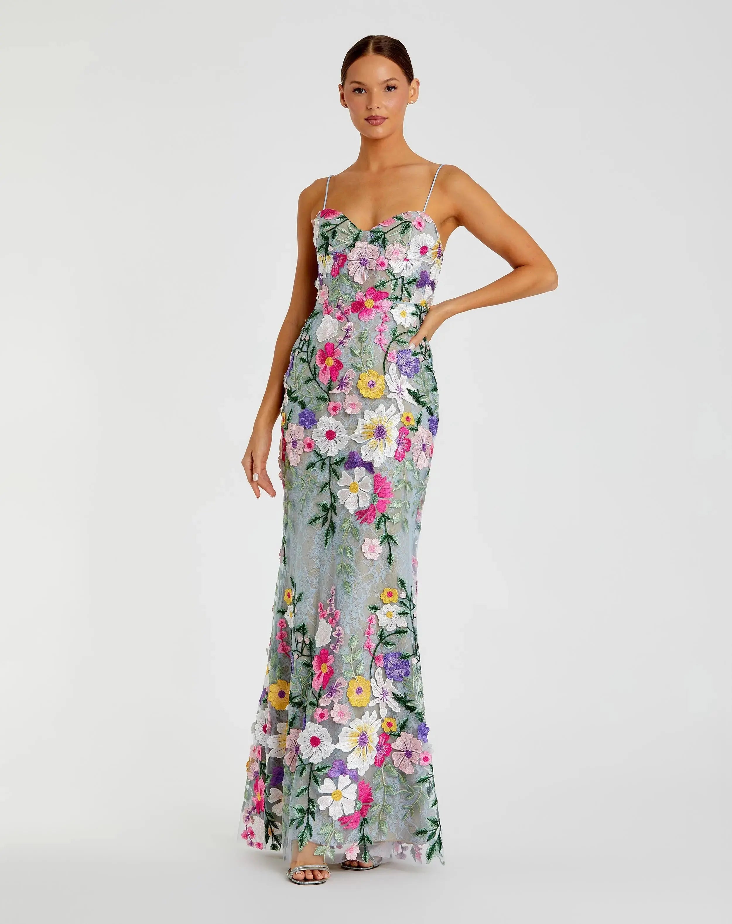 Image of Petite Green Floral Embroidered Sleeveless Bustier Gown