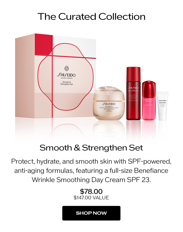 Protect, hydrate, and smooth skin with SPF-powered, anti-aging formulas, featuring a full-size Benefiance Wrinkle Smoothing Day Cream SPF 23