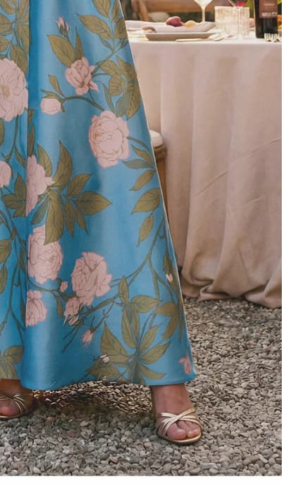 Drop Waist Square Neck Floral Ballgown In Blue Multi