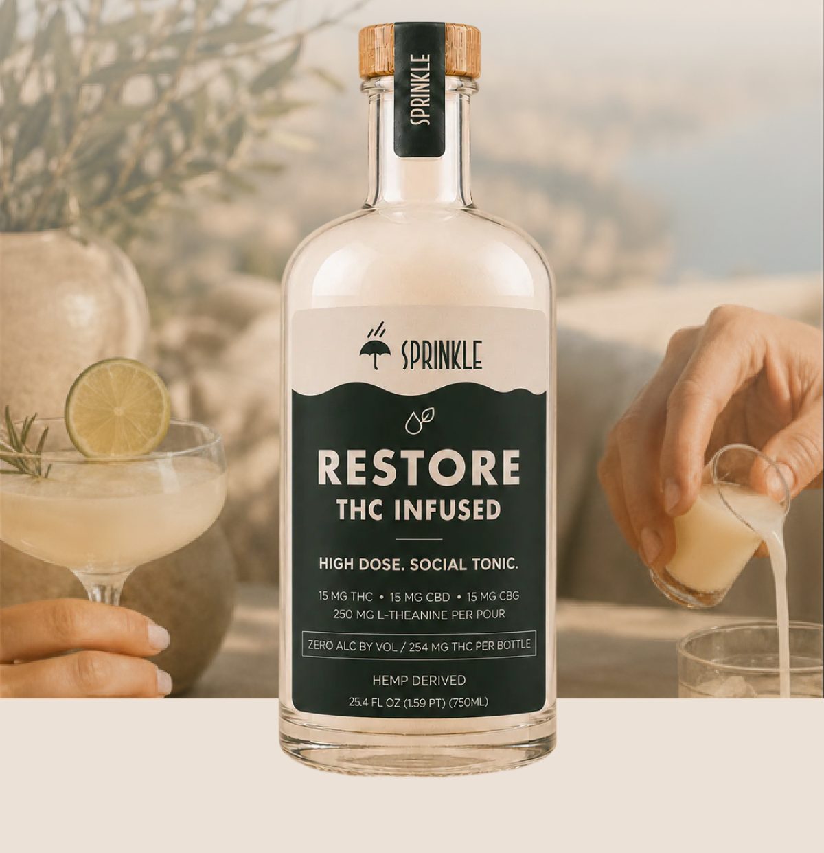 Bottle of Restore THC infused tonic with cocktails in the background.