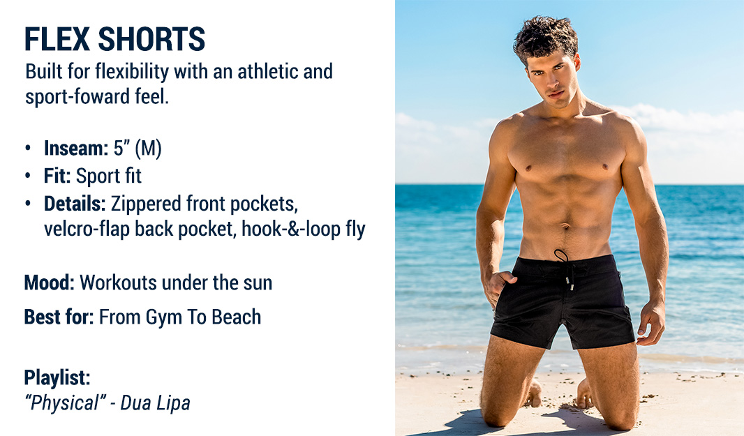 DC2 Shorts Fit Guide — model wearing Jet Black Flex Shorts with 5-inch inseam and athletic sport fit.