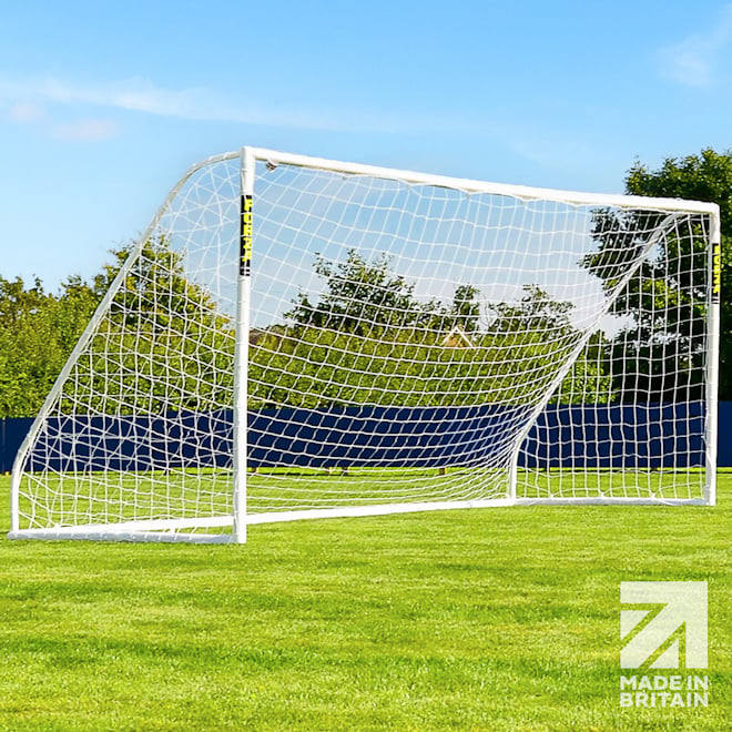 Made in Britain - the 16 x 7 FORZA Match Soccer Goal Post set up in the backyard.