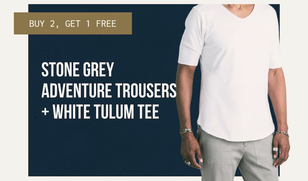 STONE GREY ADVENTURE TROUSERS + WHITE TULUM TEE