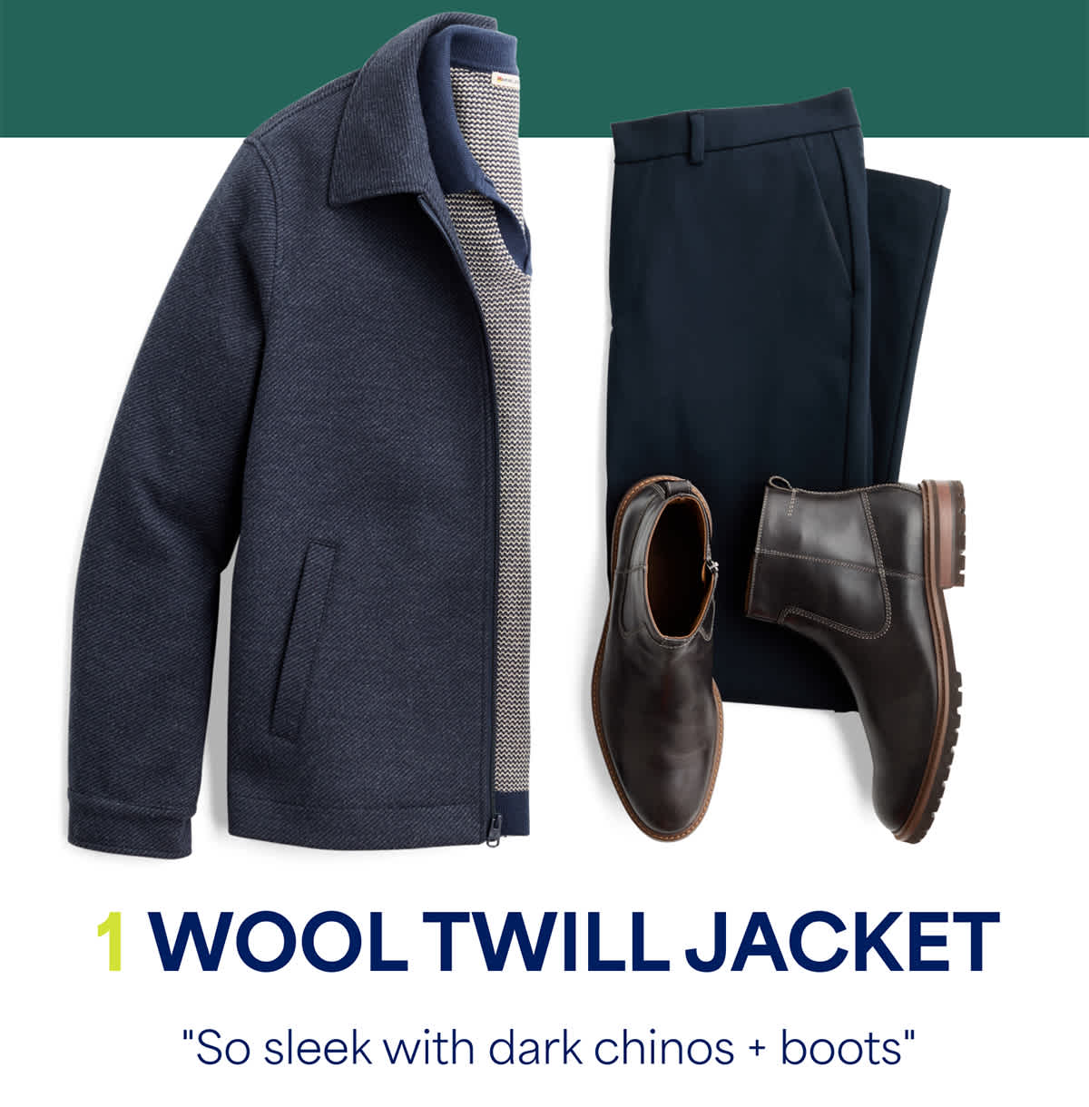1. WOOL TWILL JACKET: &ldquo;So&nbsp;sleek with dark chinos +&nbsp;boots&rdquo;
