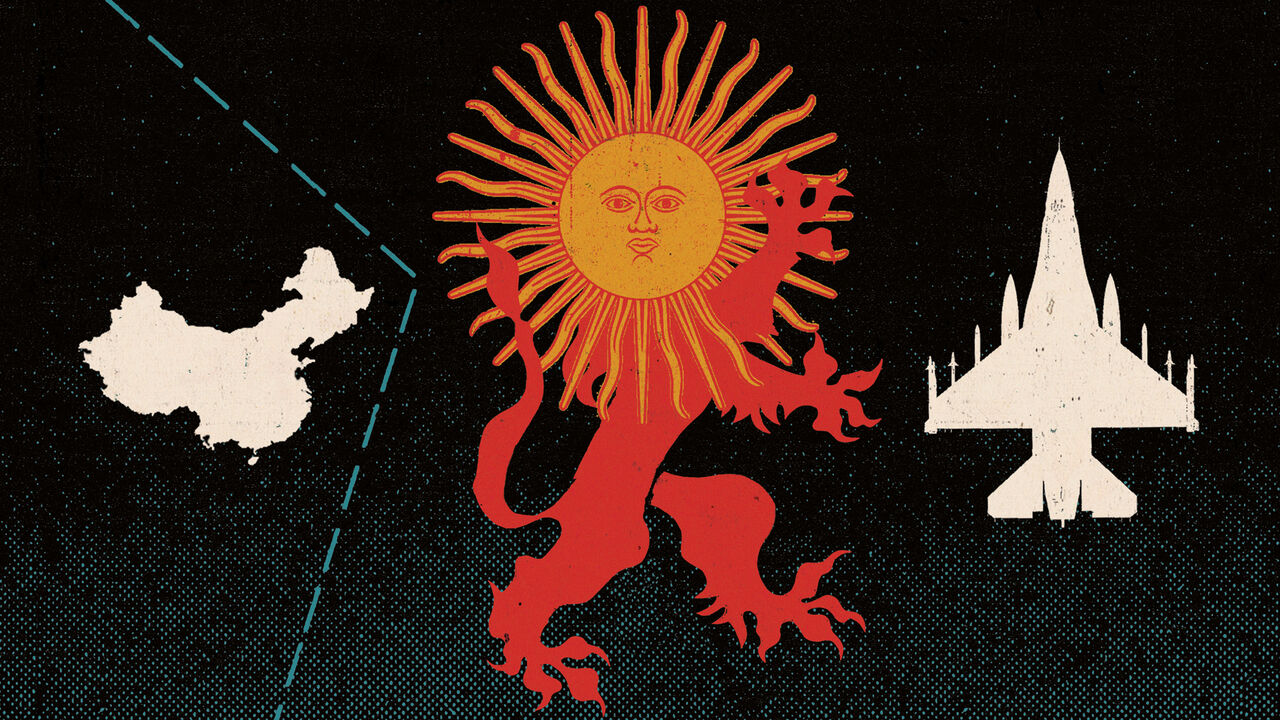 Illustration of a British lion with a face made of the Argentinian sun, facing away from China and towards a F-16 fighter jet